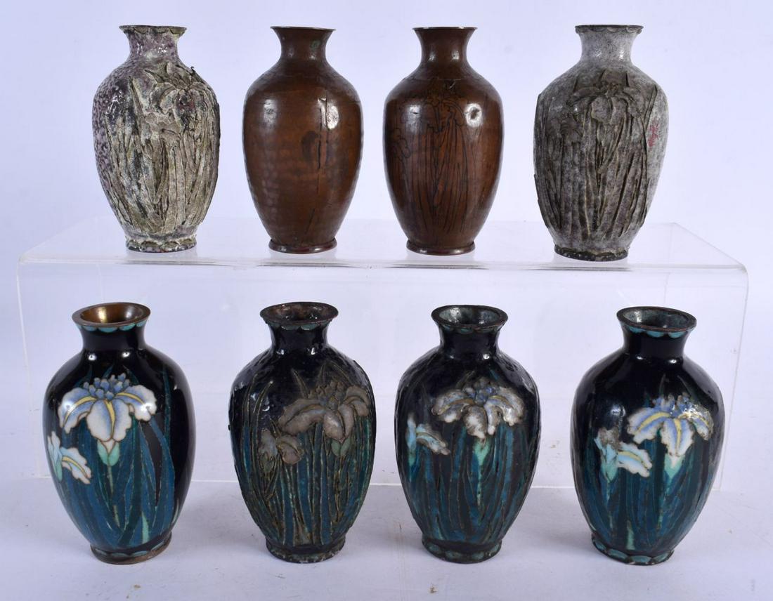 A COLLECTION OF 19TH CENTURY JAPANESE MEIJI PERIOD CLOISONNE ENAMEL VASES unusually showing the crea (1 of 4)