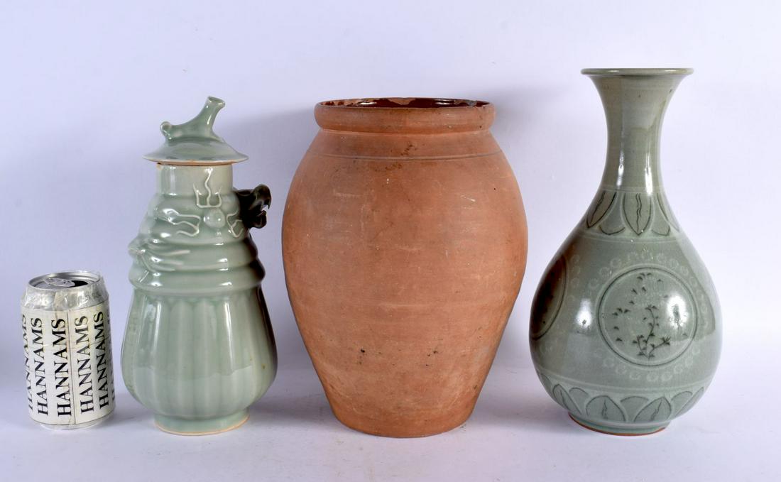 A 19TH CENTURY CHINESE KOREAN PORCELAIN DRAGON VASE AND COVER together with another celadon vase & a (1 of 6)