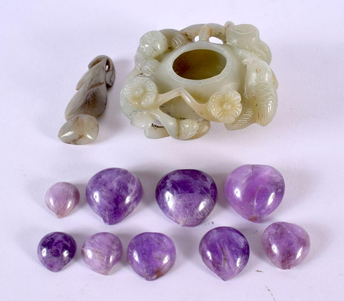 AN EARLY 20TH CENTURY CHINESE CARVED GREEN JADE BRUSH WASHER Late QIng/Republic, together with ameth (1 of 3)