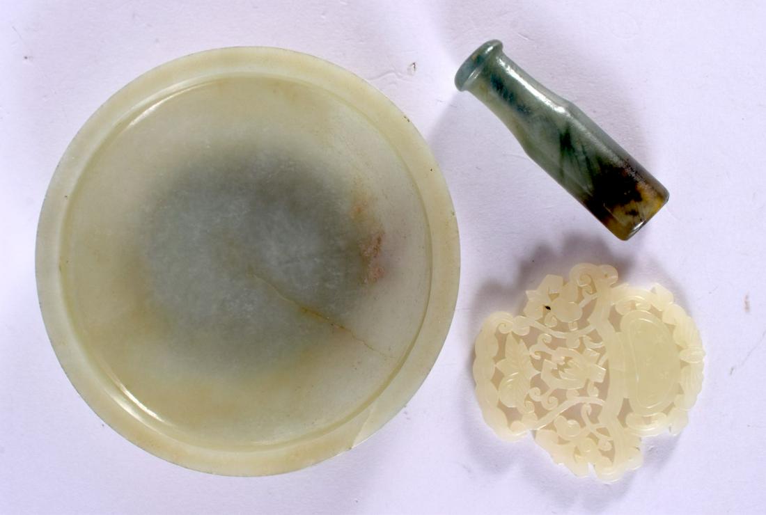 A 19TH CENTURY CHINESE GREENISH WHITE JADE BRUSH WASHER Qing, together with a jade plaque & pipe hol (1 of 2)