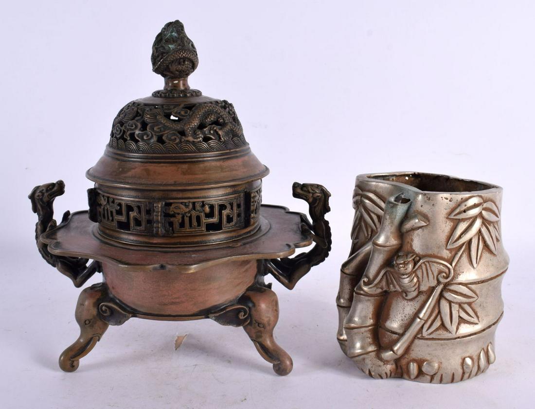 A CHINESE BRONZE CENSER AND COVER 20th Century, together with a bronze brush pot. Largest 21 cm x 14: A CHINESE BRONZE CENSER AND COVER 20th Century, together with a bronze brush pot. Largest 21 cm x 14 cm. (2)
