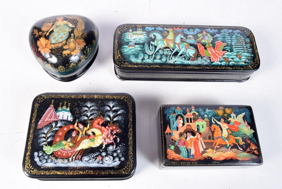 A collection of small Russian laquered boxes. 16 x 6cm (4). (1 of 2)