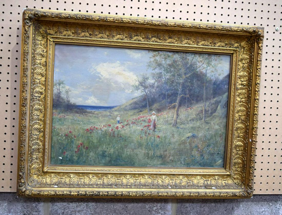 L Richards A.K.A Francis E Jamieson (1895-1950) Framed oil on canvas depicting people in a poppy fie: L Richards A.K.A Francis E Jamieson (1895-1950) Framed oil on canvas depicting people in a poppy field. 40 x 60cm.