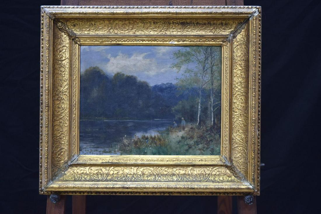 L Richards A.K.A Francis E Jamieson (1895-1950) Framed oil on canvas of a riverside scene. 27 x 34cm: L Richards A.K.A Francis E Jamieson (1895-1950) Framed oil on canvas of a riverside scene. 27 x 34cm.