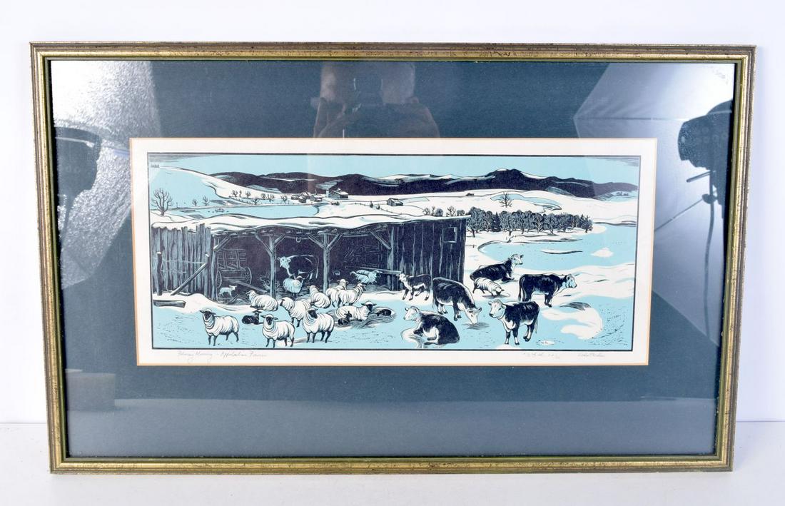 Herbert Ogden Waters (1903-1996) Framed limited edition 24/36 Woodblock print "February morning Appa: Herbert Ogden Waters (1903-1996) Framed limited edition 24/36 Woodblock print "February morning Appalachian Farm"18 x 42cm.