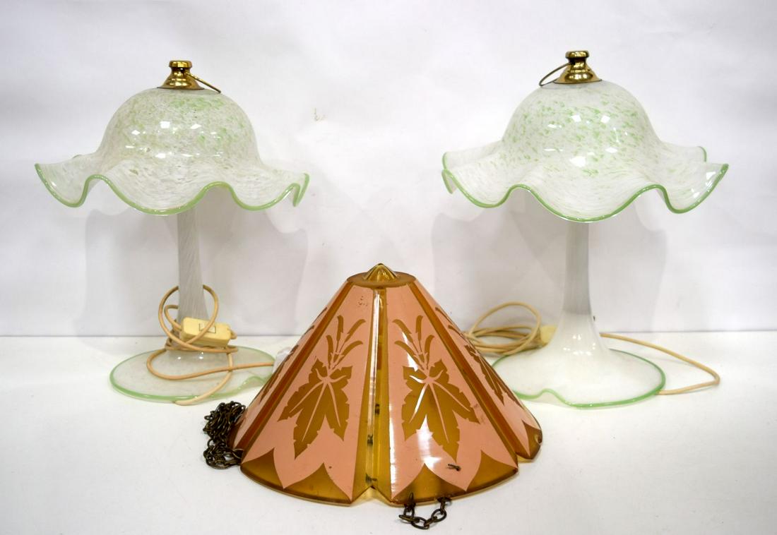 A pair of glass table lights together with a downlight hanging glass shade. 43 x 33cm (3). (1 of 4)