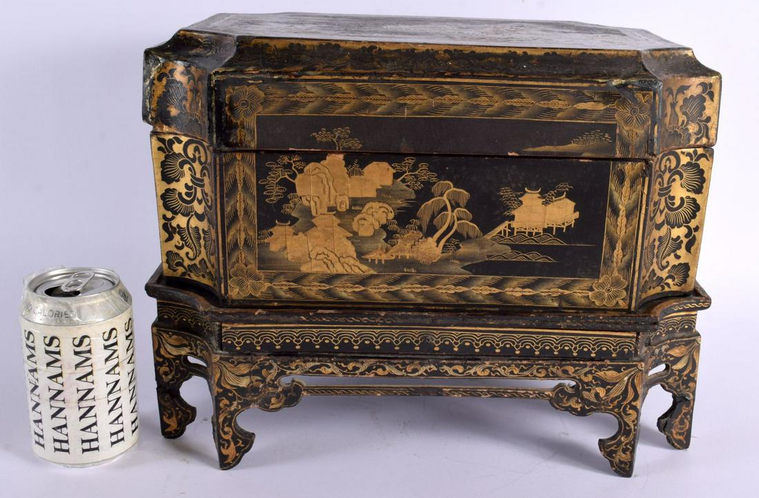 A LARGE 18TH CENTURY CHINESE EXPORT COUNTRY HOUSE BLACK LACQUER BOX AND COVER Qianlong, painted with (1 of 7)