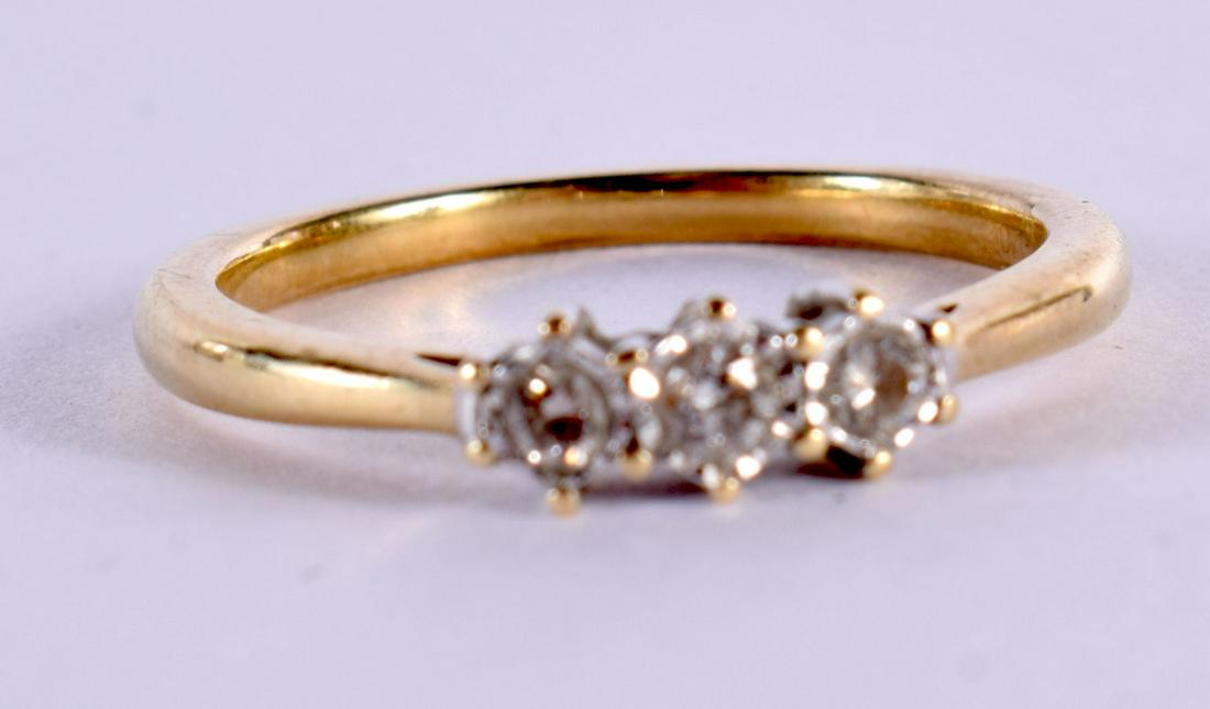 9CT GOLD ROUND BRILLIANT CUT DIAMOND THREE STONE RING.  Stamped 9ct, Size O, weight 2.3g (1 of 2)