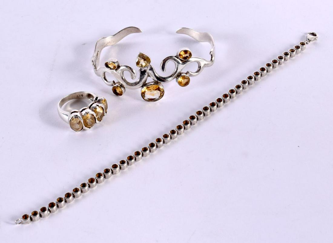 A SILVER CITRINE SET RING, BRACELET AND BANGLE.  Stamped 925, Ring Size P,  Bracelet 19.5cm long, Ba (1 of 2)