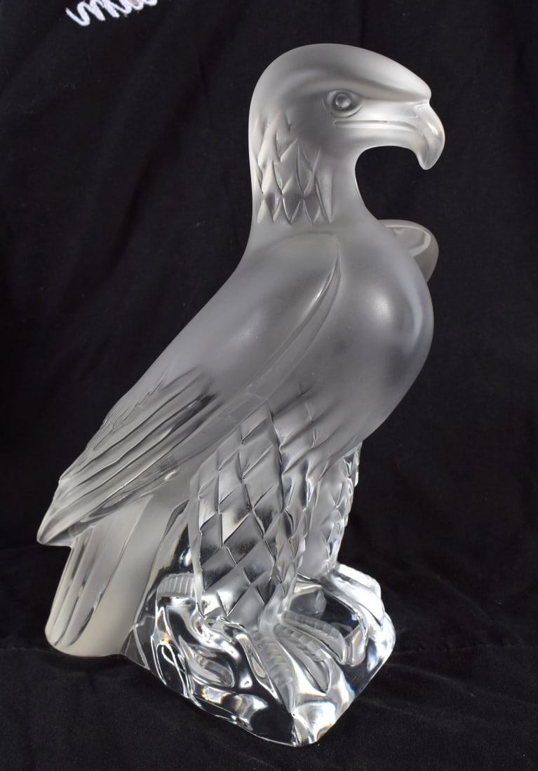 A LARGE FRENCH GLASS LALIQUE FIGURE OF A HAWK modelled perched. 24 cm x 12 cm. (1 of 6)