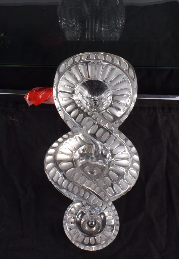 A FRENCH LALIQUE CRYSTAL GLASS AND METAL SEVILLE WALL BRACKET SHELF of naturalistic form. 50 cm x 30 (1 of 4)
