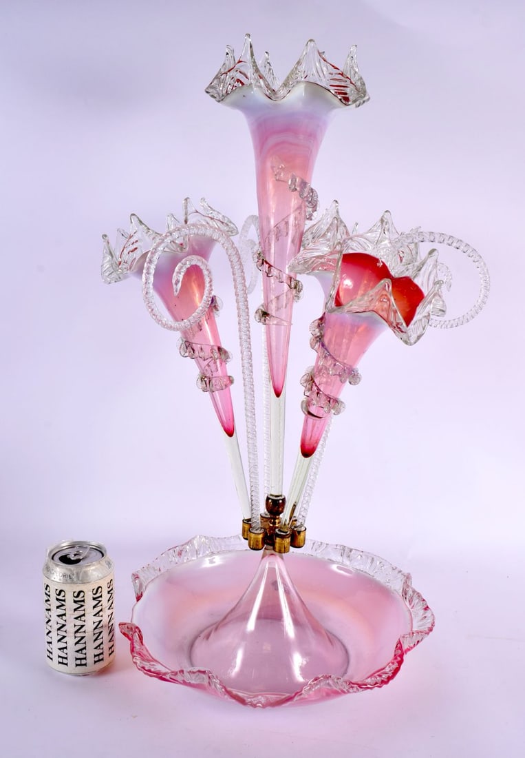 A VERY LARGE VICTORIAN PINK GLASS EPERGNE. 53 cm x 27 cm.: A VERY LARGE VICTORIAN PINK GLASS EPERGNE. 53 cm x 27 cm.