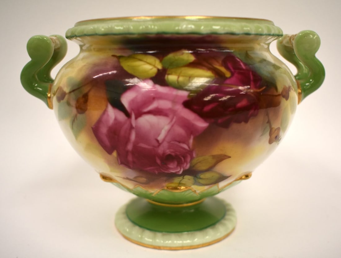 A Royal Worcester two-handled plant pot, 13cm, date mark 1912.  18.5cm x 13.5cm (1 of 6)