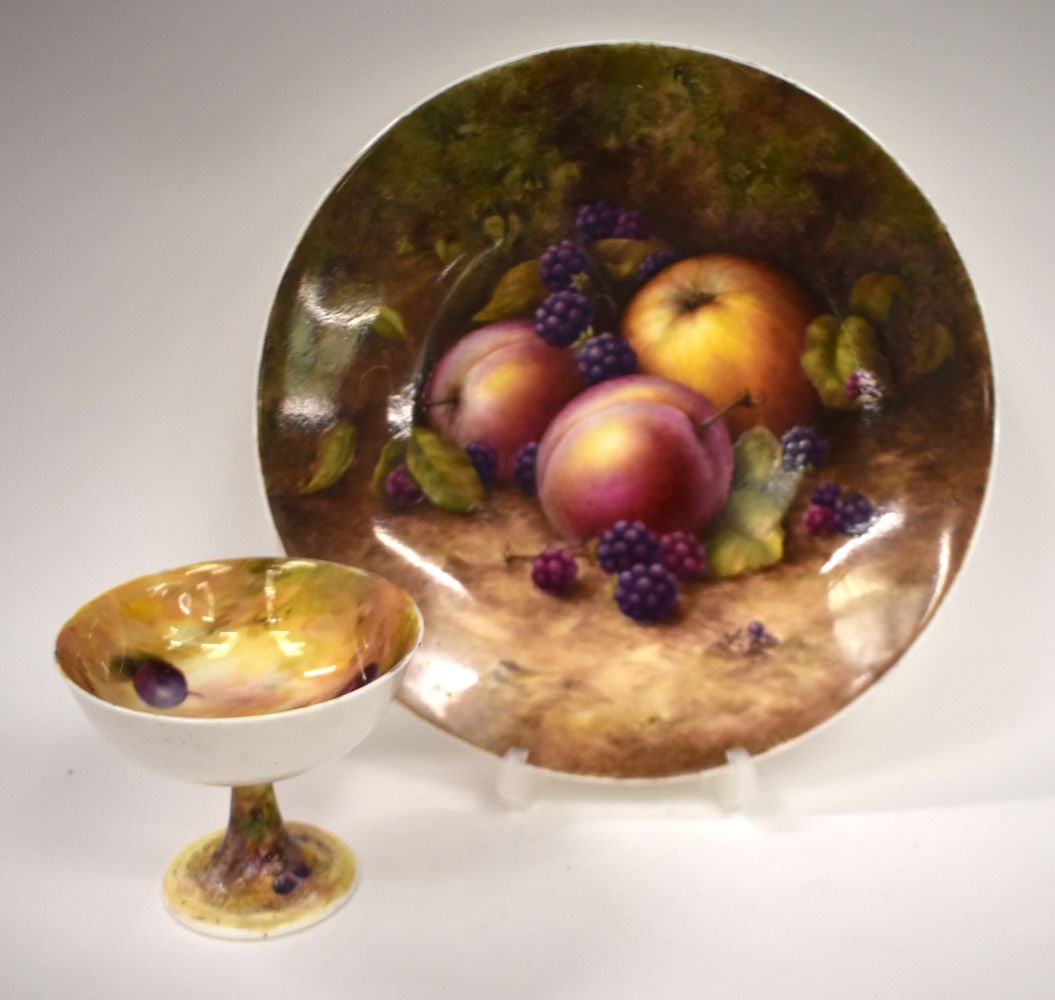 Royal Worcester plate painted with fruit by A R Telford, signed and a pedestal cup by W J Bagnel, bo (1 of 8)