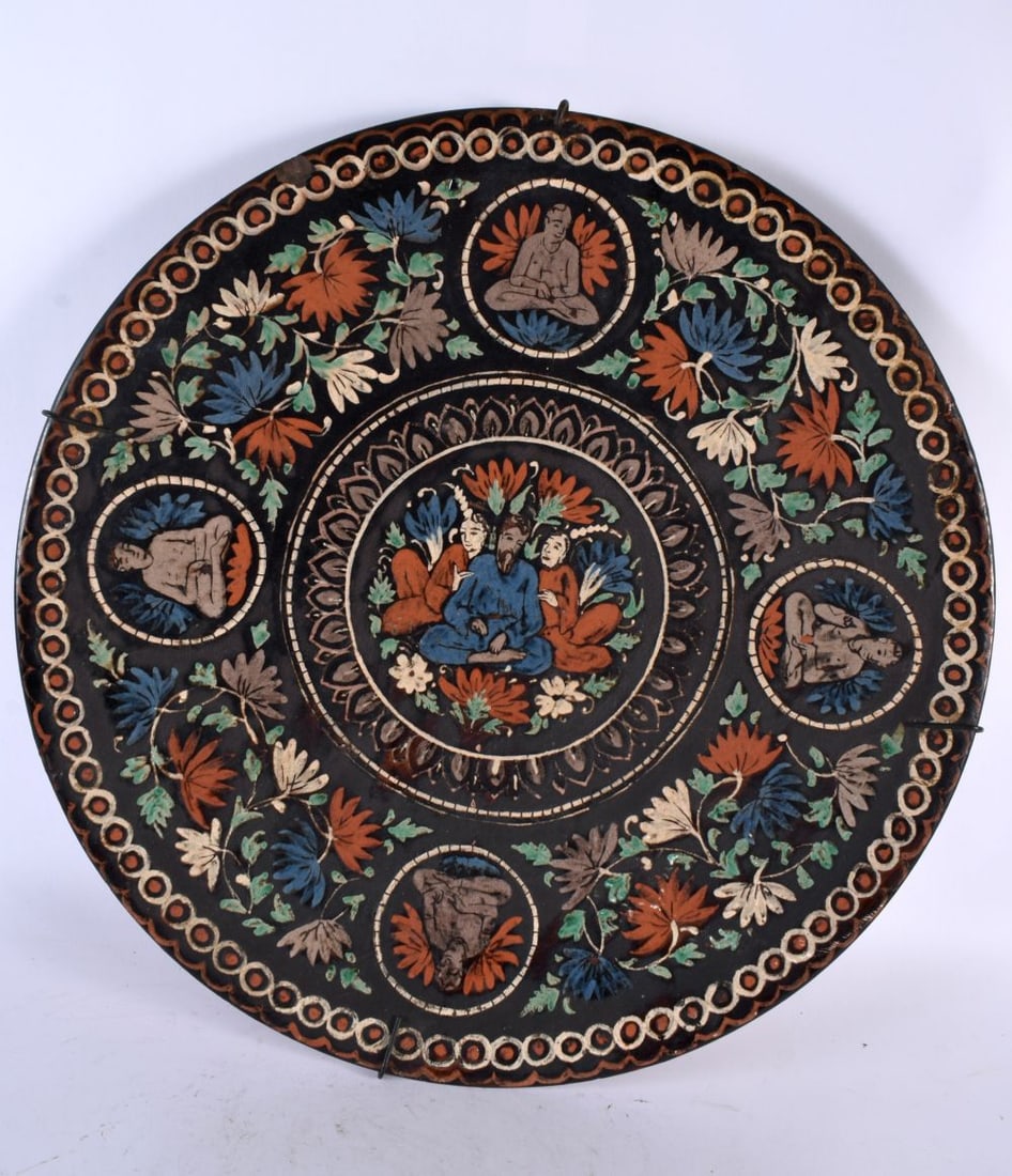 AN EARLY 20TH CENTURY INDIAN BOMBAY SCHOOL OF ARTS POTTERY DISH painted with figures and flowers. 45 (1 of 4)