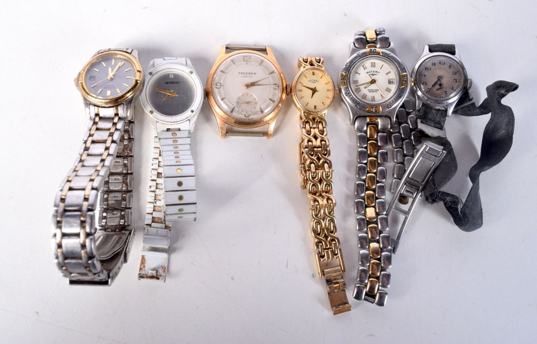 SIX FASHION WATCHES. 2 x Rotary, Citizen, Movado, Freeson and West End Watch Company. All NOT work: SIX FASHION WATCHES. 2 x Rotary, Citizen, Movado, Freeson and West End Watch Company. All NOT working (6)