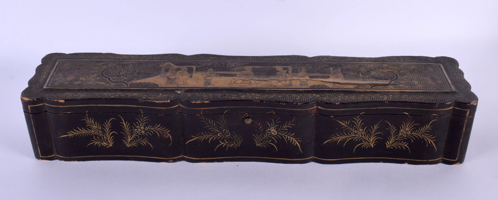 A MID 19TH CENTURY CHINESE EXPORT BLACK LACQUER FAN CASE Qing, painted with figures within landscape (1 of 4)