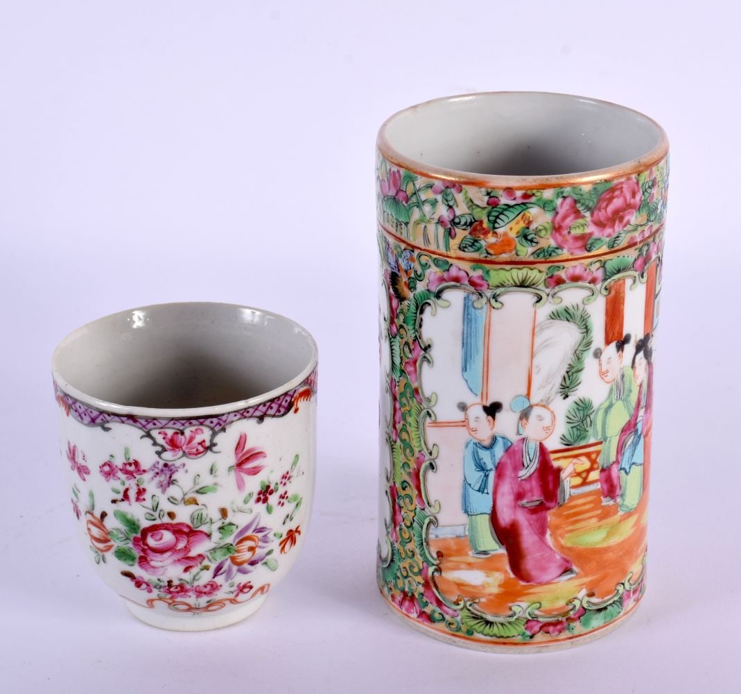 A 19TH CENTURY CHINESE CANTON FAMILLE ROSE BRUSH POT Qing, together with a Qianlong coffee can. Larg: A 19TH CENTURY CHINESE CANTON FAMILLE ROSE BRUSH POT Qing, together with a Qianlong coffee can. Largest 12 cm high. (2)