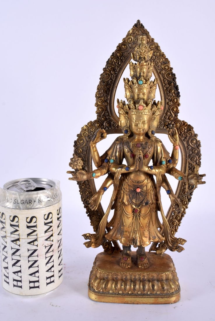 A CHINESE TIBETAN GILT BRONZE JEWELLED BUDDHA 20th Century. 28 cm x 12 cm. (1 of 3)