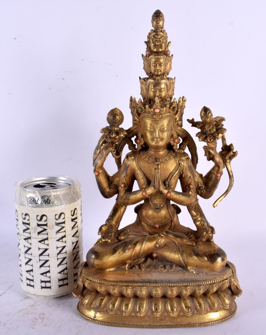 A CHINESE TIBETAN GILT BRONZE JEWELLED MULTI ARM BUDDHA 20th Century. 28 cm x 12 cm. (1 of 7)
