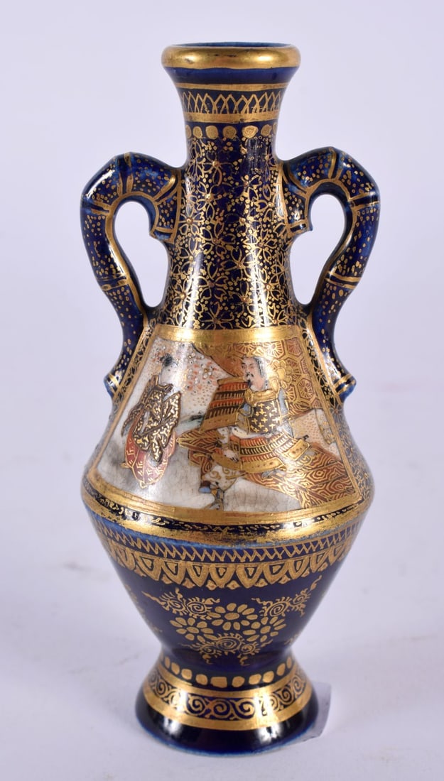 AN UNUSUAL MINIATURE 19TH CENTURY JAPANESE MEIJI PERIOD SATSUMA VASE painted with figures. 9.5 cm hi: AN UNUSUAL MINIATURE 19TH CENTURY JAPANESE MEIJI PERIOD SATSUMA VASE painted with figures. 9.5 cm high.