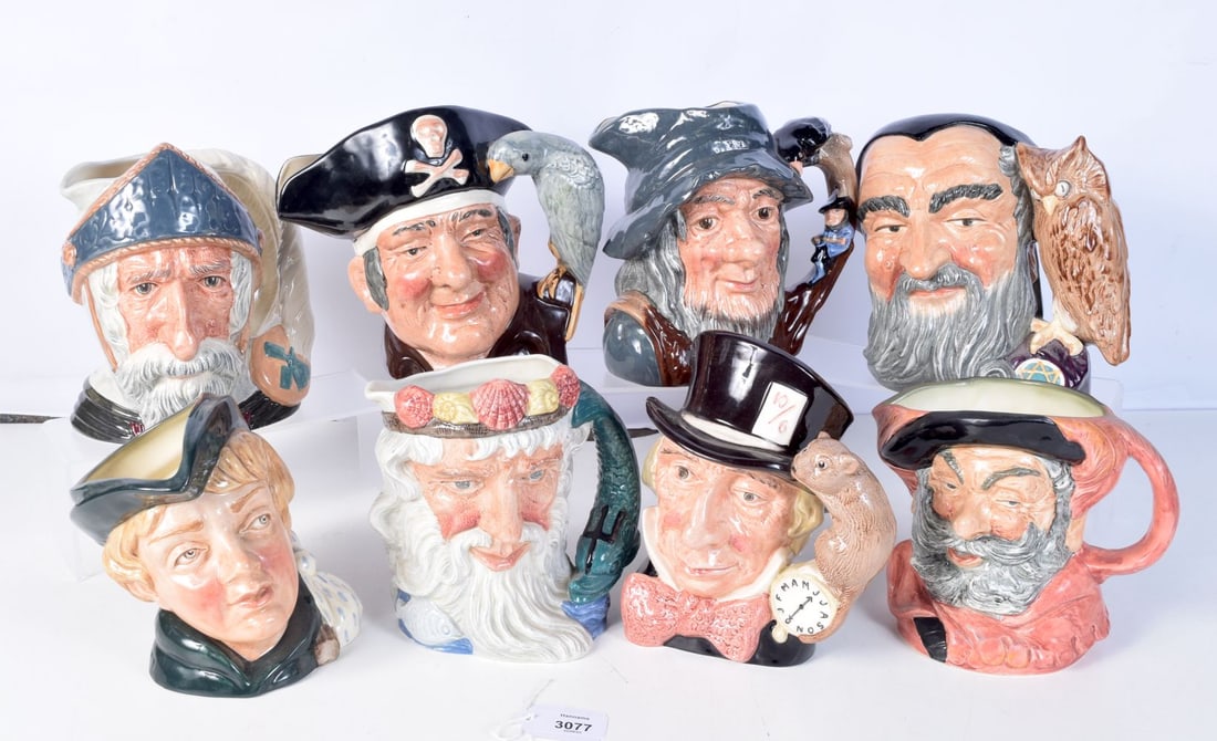 A collection of Royal Doulton Character jugs: Merlin, Dick Whittington, Long John Silver, Rip Van Wi (1 of 2)