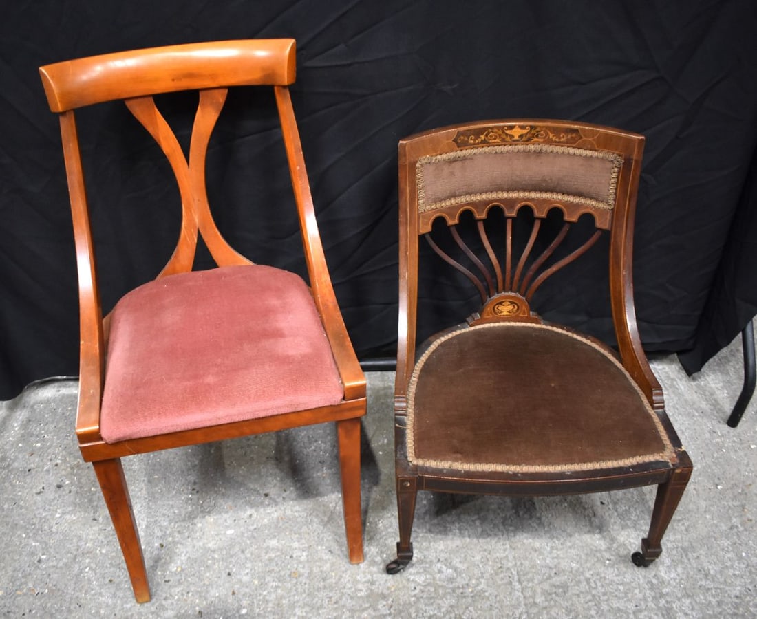 An Edwardian inlaid upholstered hall chair together with a stylish mid Century chair largest 86 cm: An Edwardian inlaid upholstered hall chair together with a stylish mid Century chair largest 86 cm (2)