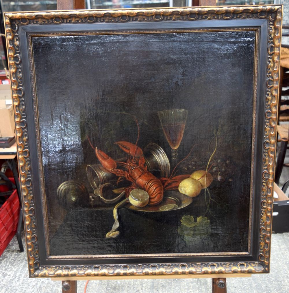 An oil on canvas, still life of Tankard ,lobster and lemons in the manner of Pieter Claesz 66 x 62 c: An oil on canvas, still life of Tankard ,lobster and lemons in the manner of Pieter Claesz 66 x 62 cm .