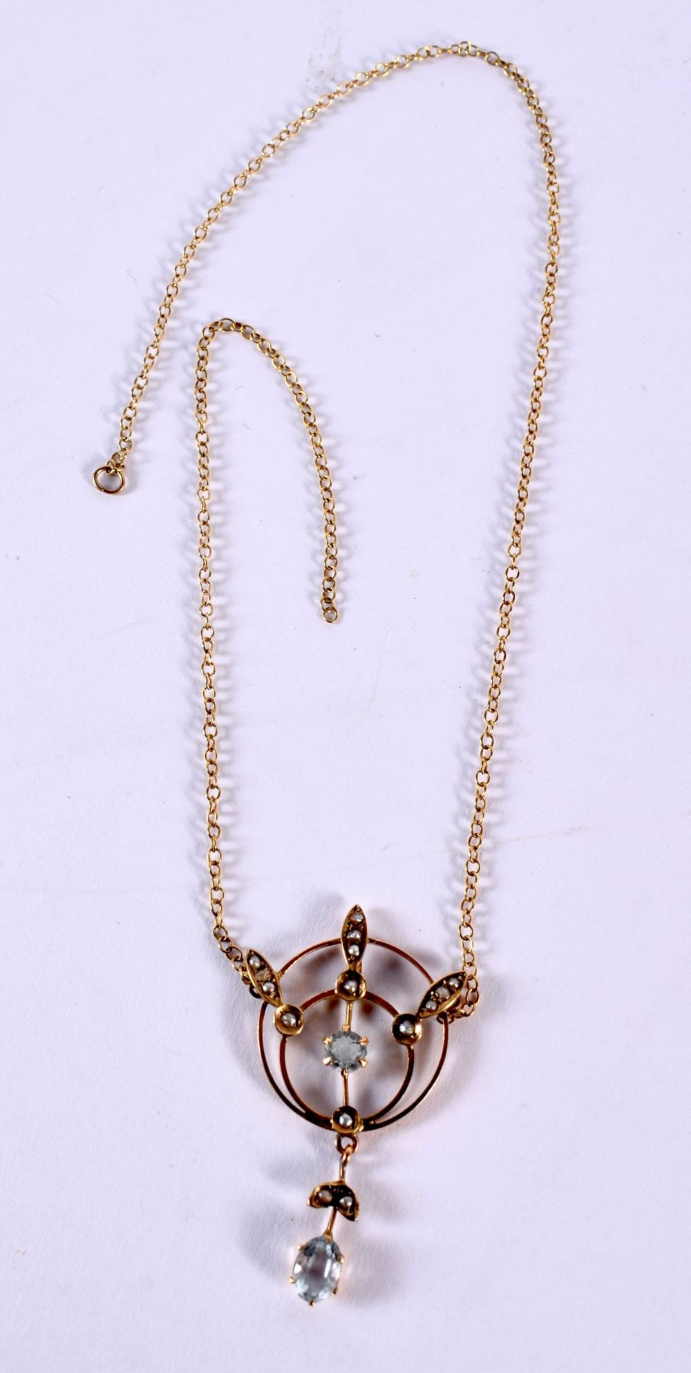 9ct Gold Edwardian Blue Paste And Pearl Set Pendant Necklace.  2.9 grams. Chain 37 cm long, pendant (1 of 3)