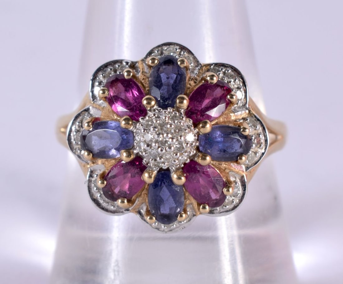 9ct Gold Diamond, Pink And Blue Gemstone Set Floral Cluster Ring. R. 3.7 grams. (1 of 4)