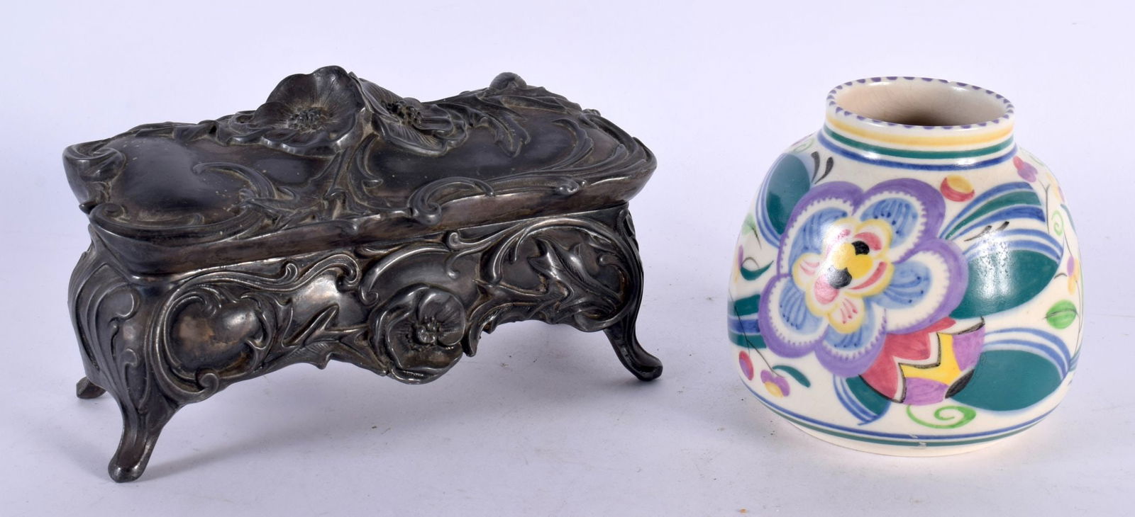 A POOLE POTTERY VASE and a French Art nouveau pewter casket. Largest 21 cm x 13 cm. (2): A POOLE POTTERY VASE and a French Art nouveau pewter casket. Largest 21 cm x 13 cm. (2)