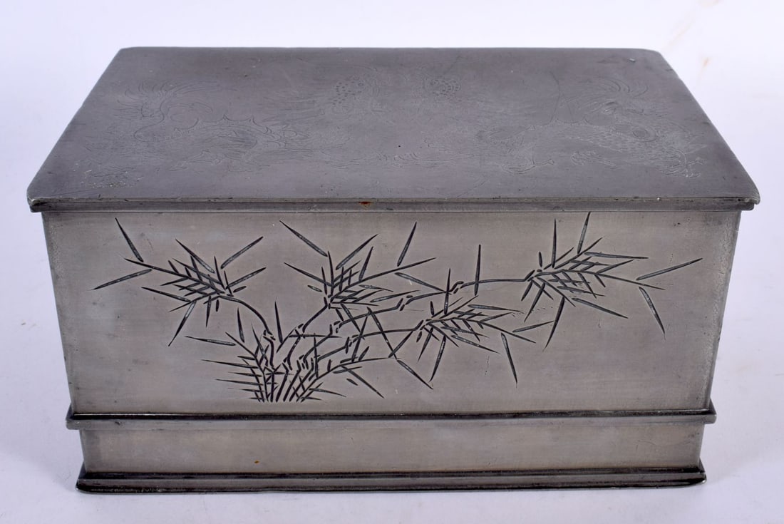 A LARGE LATE 19TH CENTURY CHINESE PEWTER BOX AND COVER by Kut Hing, decorated all over with dragons (1 of 4)