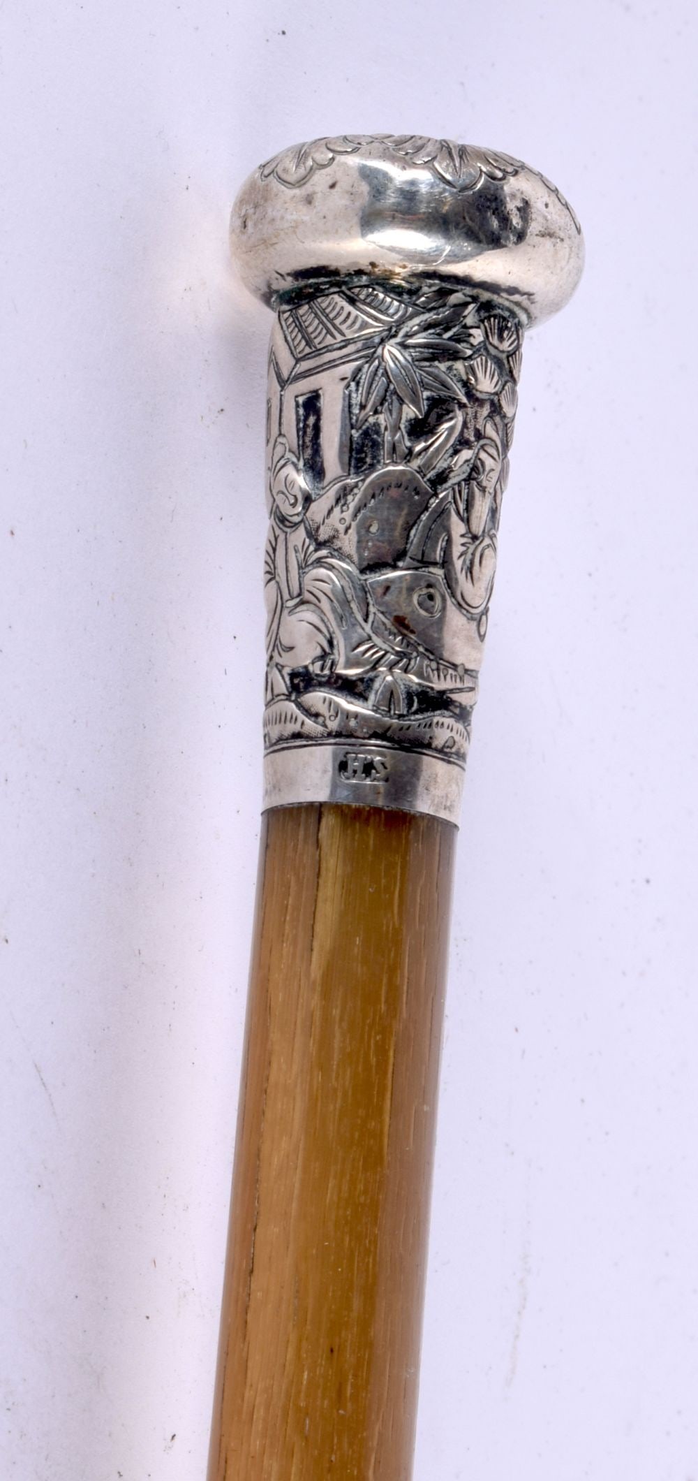 A 19TH CENTURY CHINESE SILVER MOUNTED CARVED FULL LENGTH RHINOCEROS HORN SWAGGER STICK stamped HS, d (1 of 5)