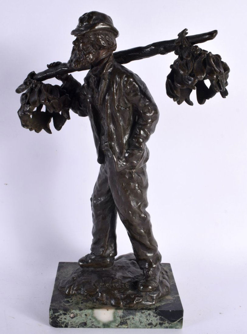 Charles Emile Jonchery (1873-1937) French, Bronze, Standing bronze male modelled with a stick over h: Charles Emile Jonchery (1873-1937) French, Bronze, Standing bronze male modelled with a stick over his shoulder, marble base. 32 cm high.