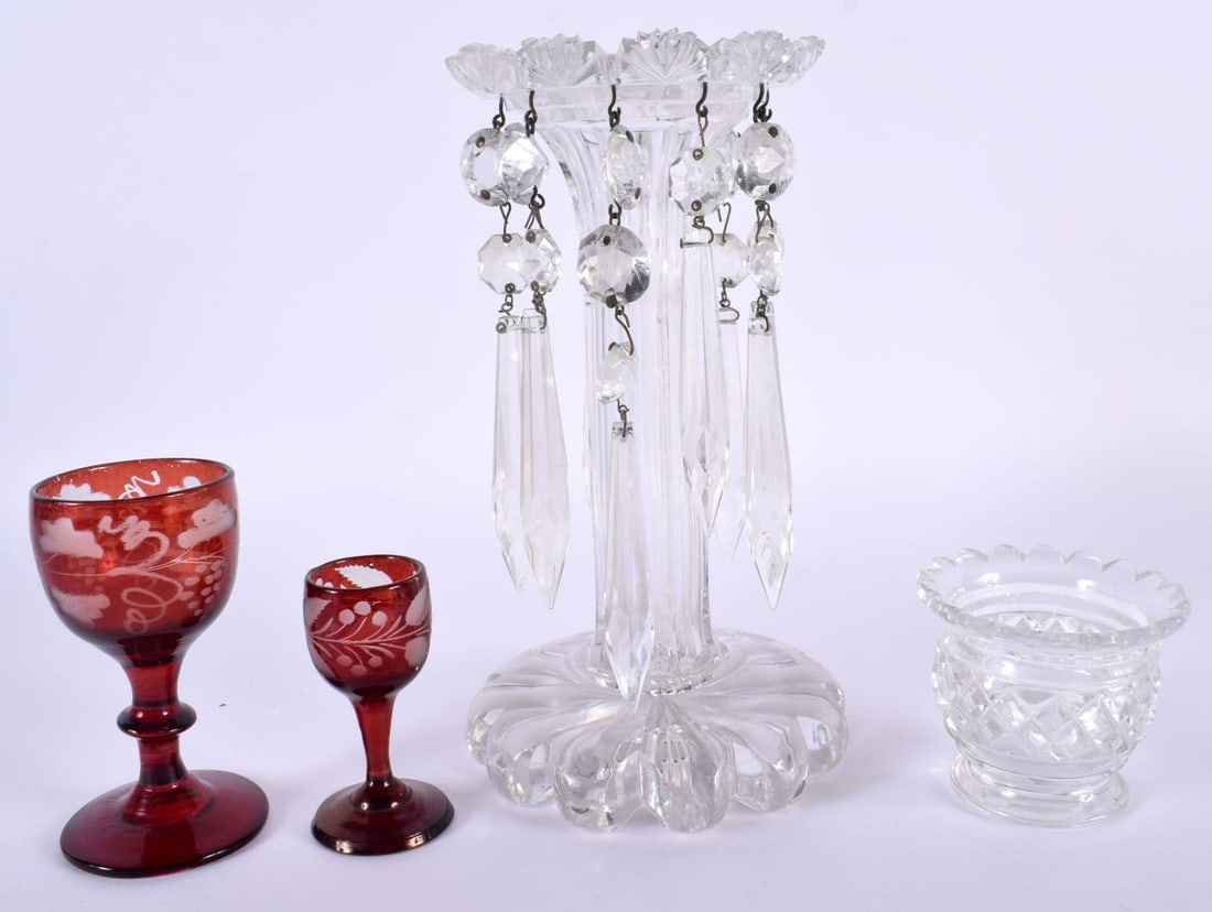 A REGENCY CUT GLASS TABLE LUSTRE together with a similar salt & two bohemian glasses. Largest 22cm h (1 of 7)