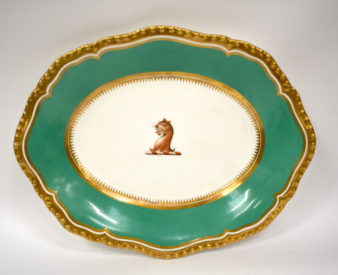 Early 19th century H & R Daniel dessert dish with dark green border, painted with a leopard crest un (1 of 2)