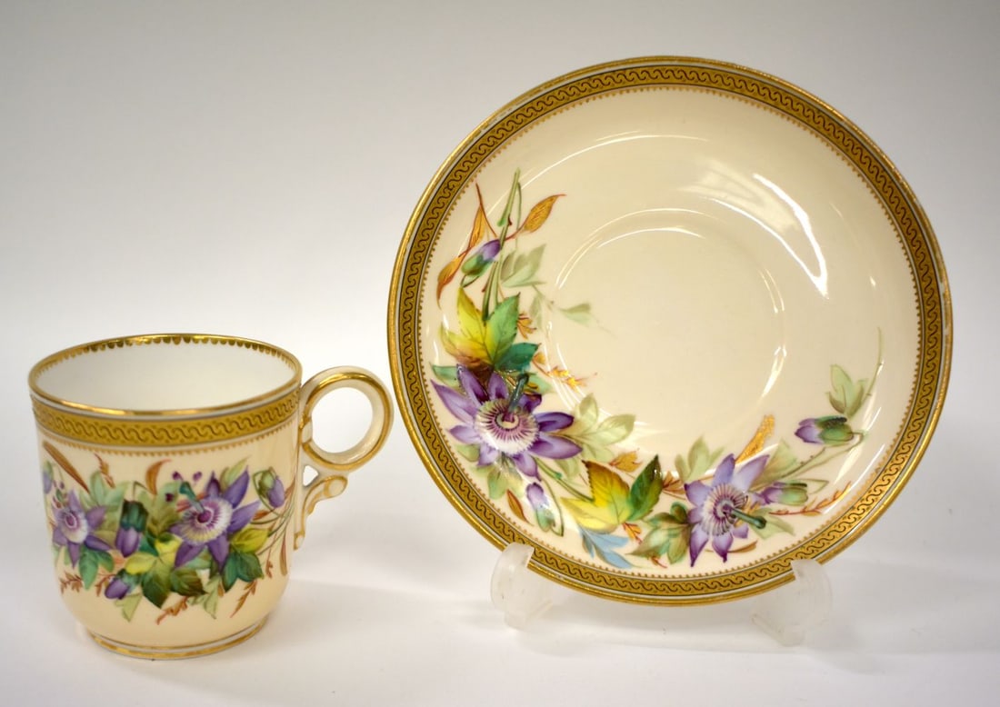 Royal Worcester coffee cup saucer painted with clematis by David Bates, who later painted at the Roy: Royal Worcester coffee cup saucer painted with clematis by David Bates, who later painted at the Royal Academy date mark 1881. saucer 14cm wide
