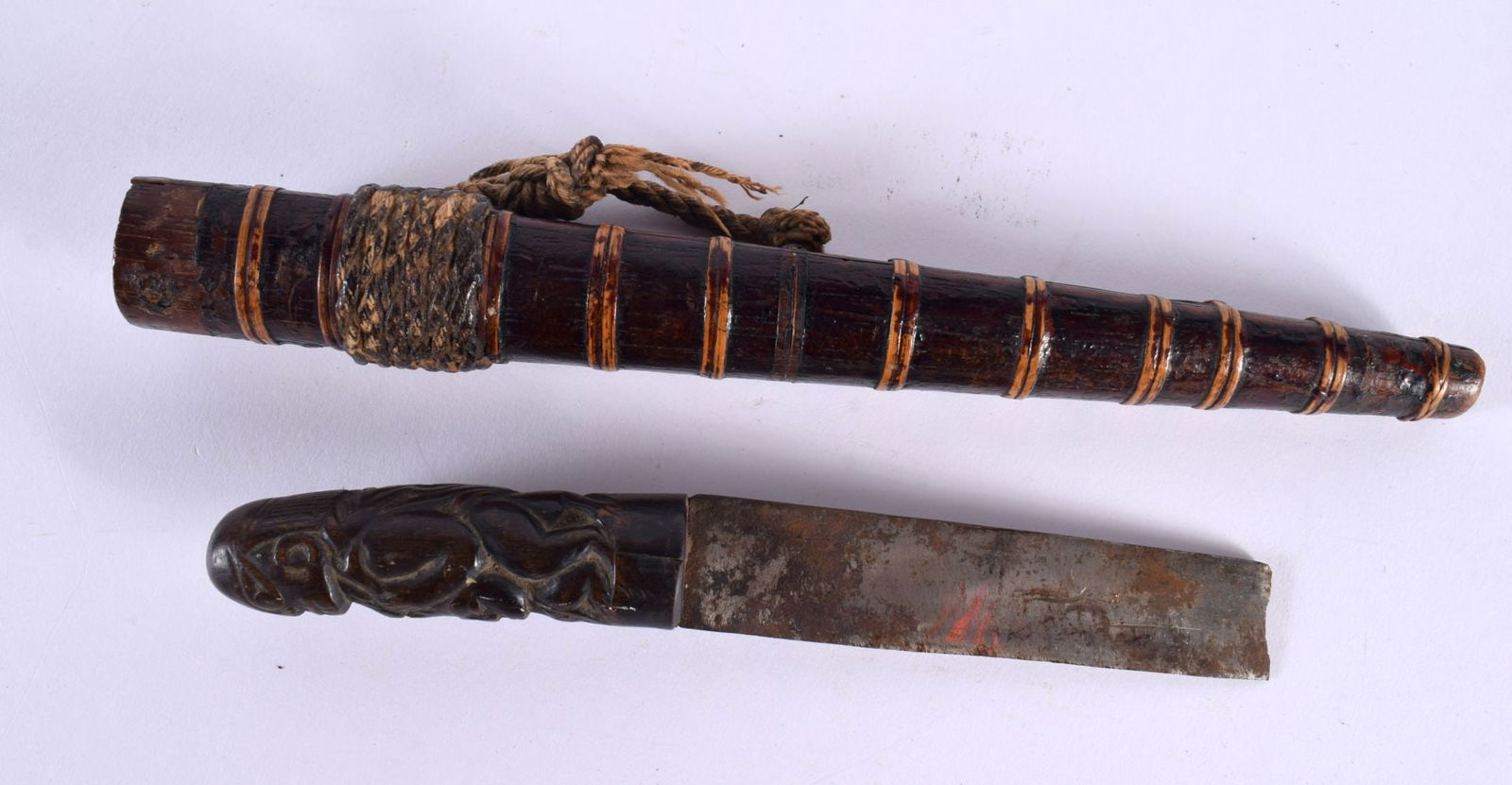 A 19TH CENTURY MIDDLE EASTERN ASIAN CARVED RHINOCEROS HORN DAGGER formed with tribal figures. 28cm l (1 of 8)