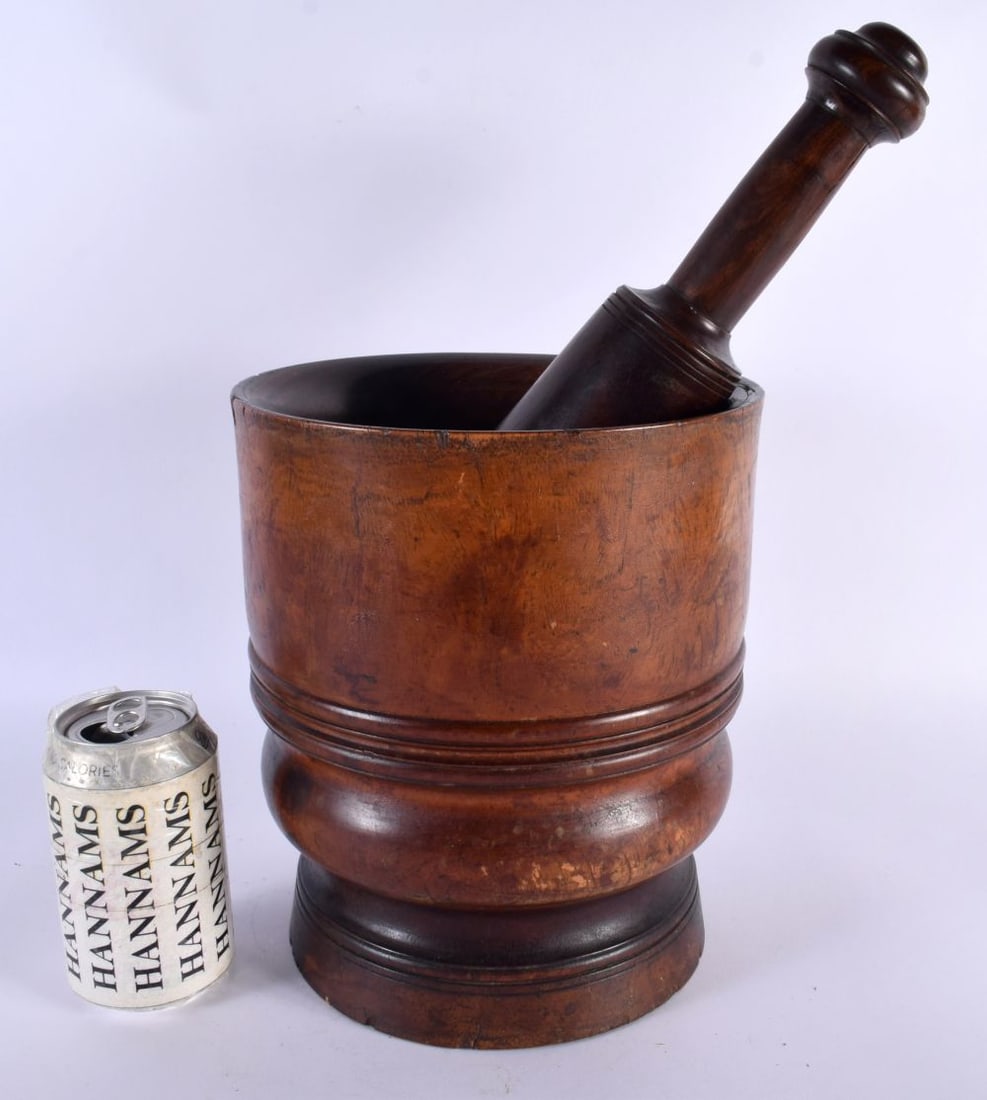 A LARGE 19TH CENTURY TREEN LIGNUM VITAE HEAVY WOOD PESTLE AND MORTAR. Mortar 24 cm x 18cm. (2) (1 of 6)