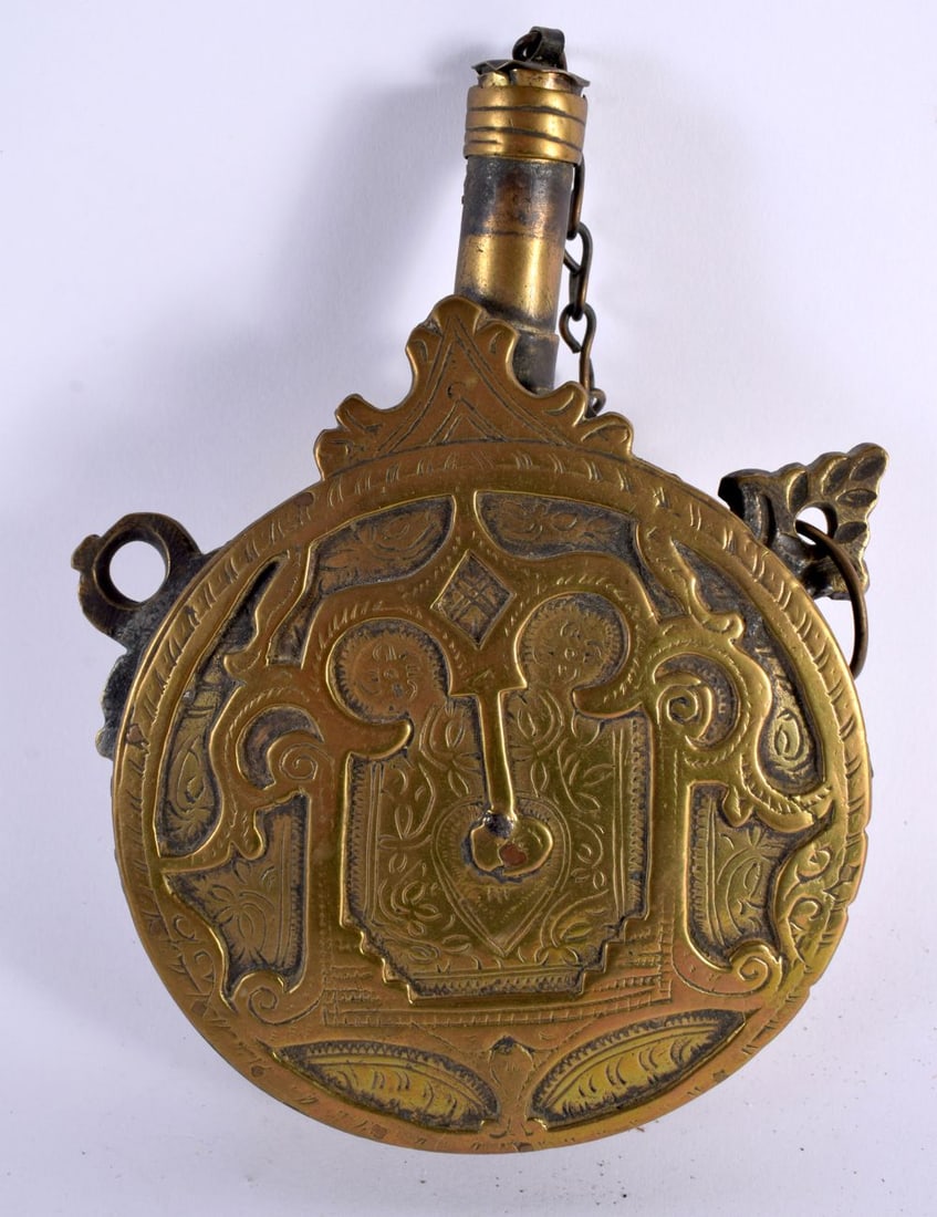A 19TH CENTURY MIDDLE EASTERN ISLAMIC BRASS POWDER FLASK. 17 cm x 10 cm. (1 of 5)