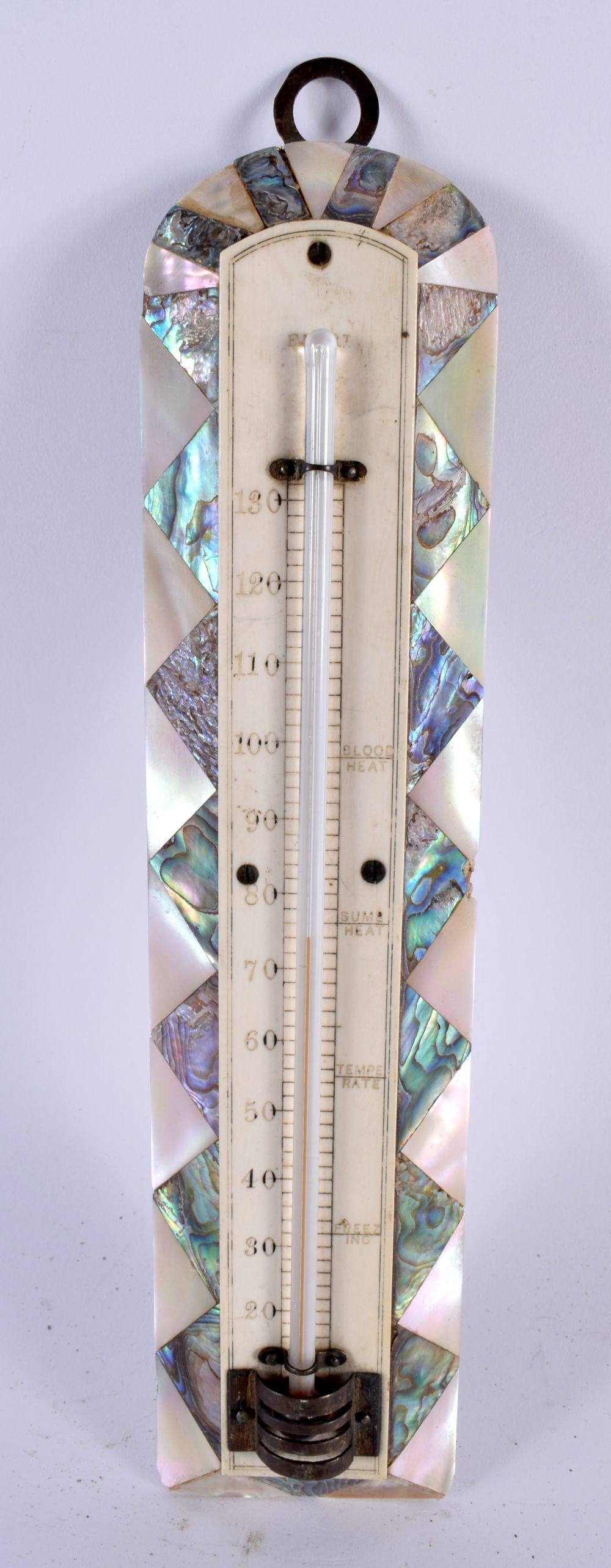 A RARE VICTORIAN MOTHER OF PEARL AND ABALONE SHELL HANGING THERMOMETER of geometric for. 23 cm x 4 c: A RARE VICTORIAN MOTHER OF PEARL AND ABALONE SHELL HANGING THERMOMETER of geometric for. 23 cm x 4 cm.