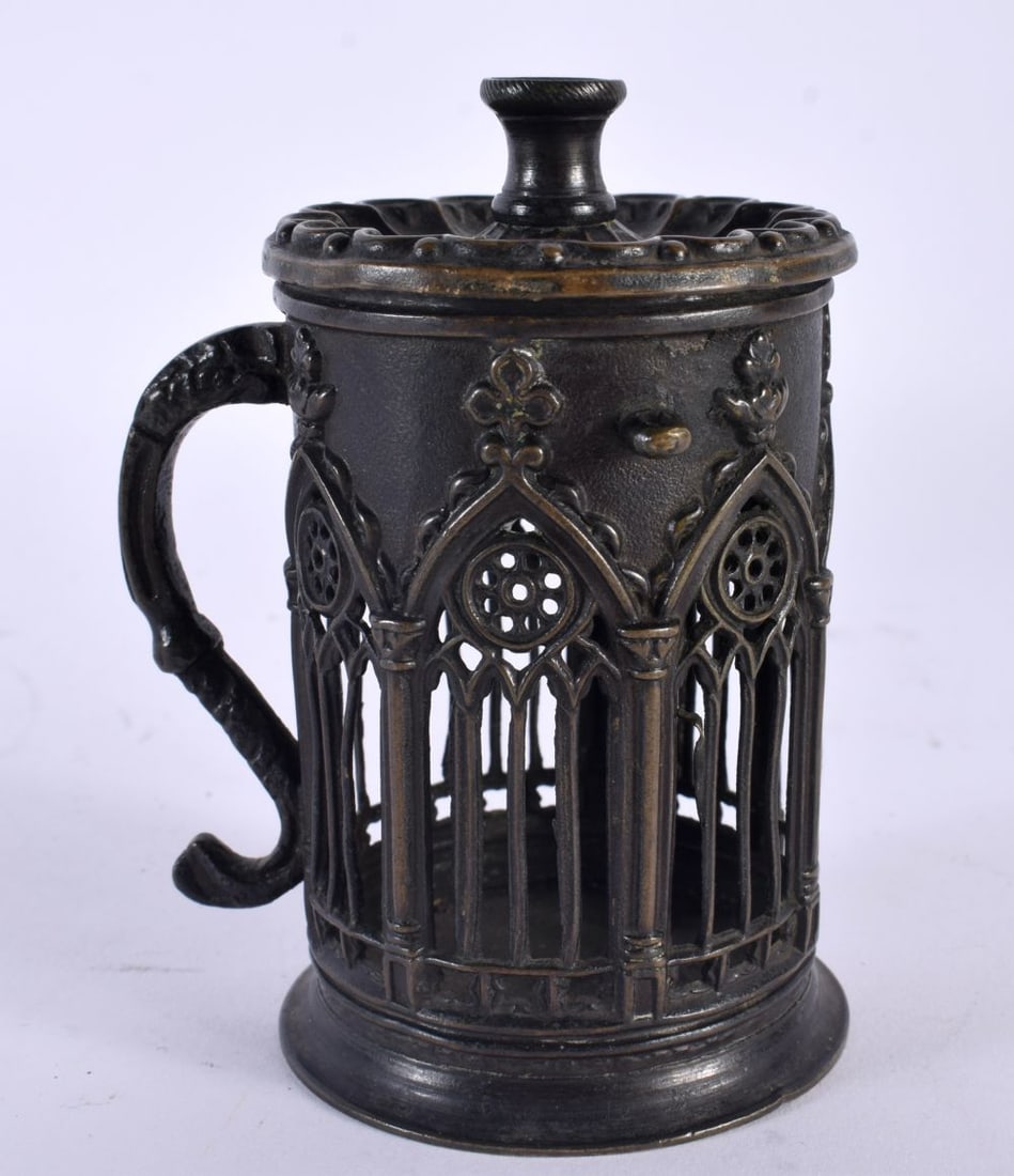 AN UNUSUAL 19TH CENTURY GOTHIC REVIVAL BRONZE NIGHT LIGHT. 10 cm high. (1 of 4)