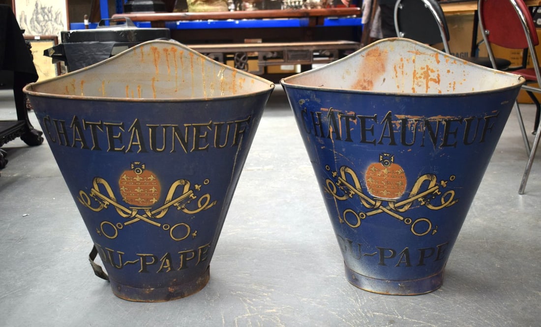 A LARGE PAIR OF FRENCH BLUE TIN GRAPE BUCKETS. 60 cm x 50 cm. (1 of 4)
