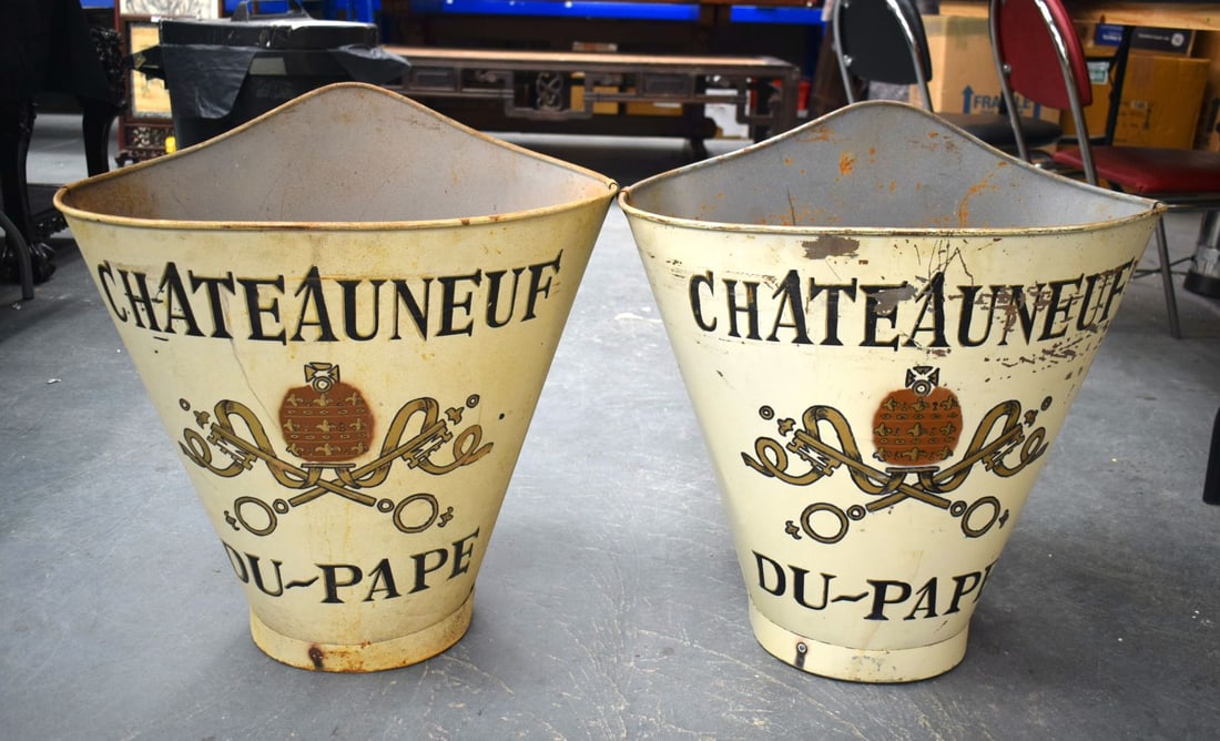A LARGE PAIR OF FRENCH WHITE TIN GRAPE BUCKETS. 60 cm x 50 cm. (1 of 4)