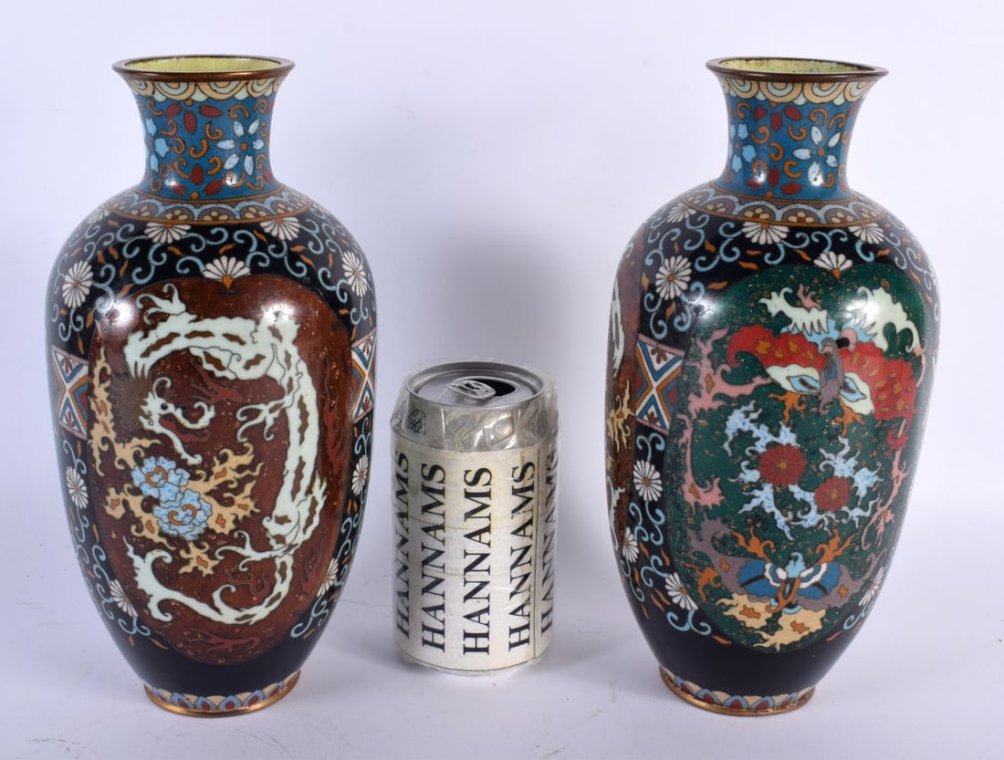 A PAIR OF 19TH CENTURY JAPANESE MEIJI PERIOD CLOISONNE ENAMEL VASES decorated with birds and foliage (1 of 4)