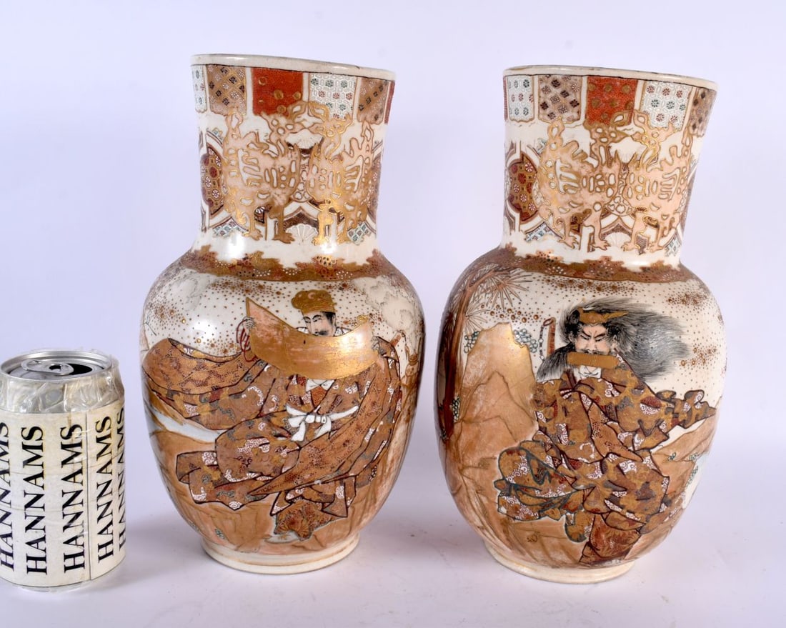 A PAIR OF 19TH CENTURY JAPANESE MEIJI PERIOD SATSUMA VASES painted with samurai within landscapes. 2: A PAIR OF 19TH CENTURY JAPANESE MEIJI PERIOD SATSUMA VASES painted with samurai within landscapes. 27 cm x 12 cm.
