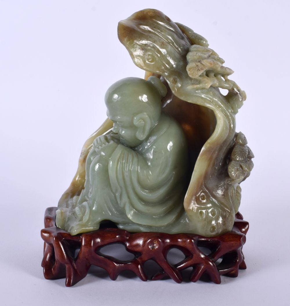 AN EARLY 20TH CENTURY CHINESE CARVED GREEN JADE FIGURAL GROUP Late Qing/Republic, modelled as a slee (1 of 5)
