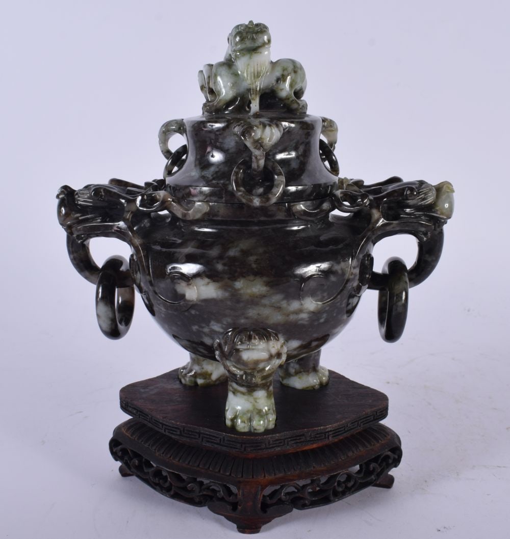 A LATE 19TH CENTURY CHINESE CARVED JADEITE CENSER AND COVER Qing, formed with beast mask heads. 18cm (1 of 6)