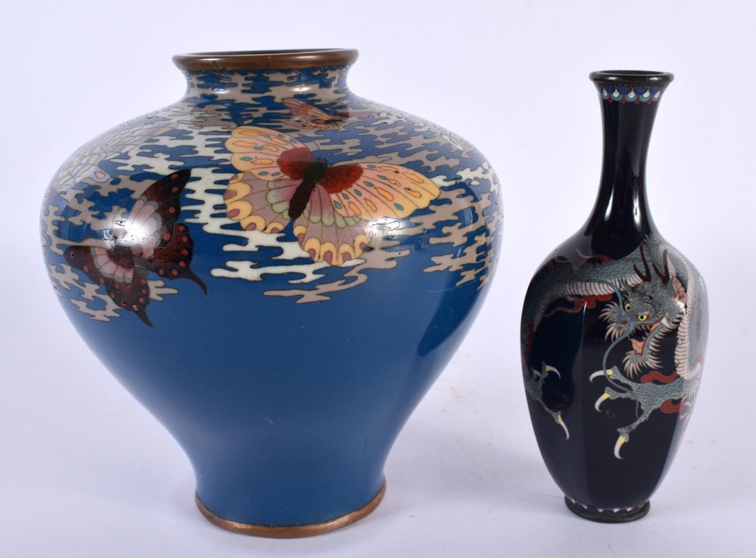 A 19TH CENTURY JAPANESE MEIJI PERIOD CLOISONNE ENAMEL BUTTERFLY VASE together with a smaller dragon (1 of 5)