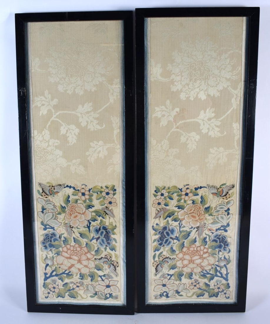 A PAIR OF CHINESE QING DYNASTY EMBROIDERED SILK WORK PANELS decorated with foliage. 65 cm x 24 cm. (1 of 6)
